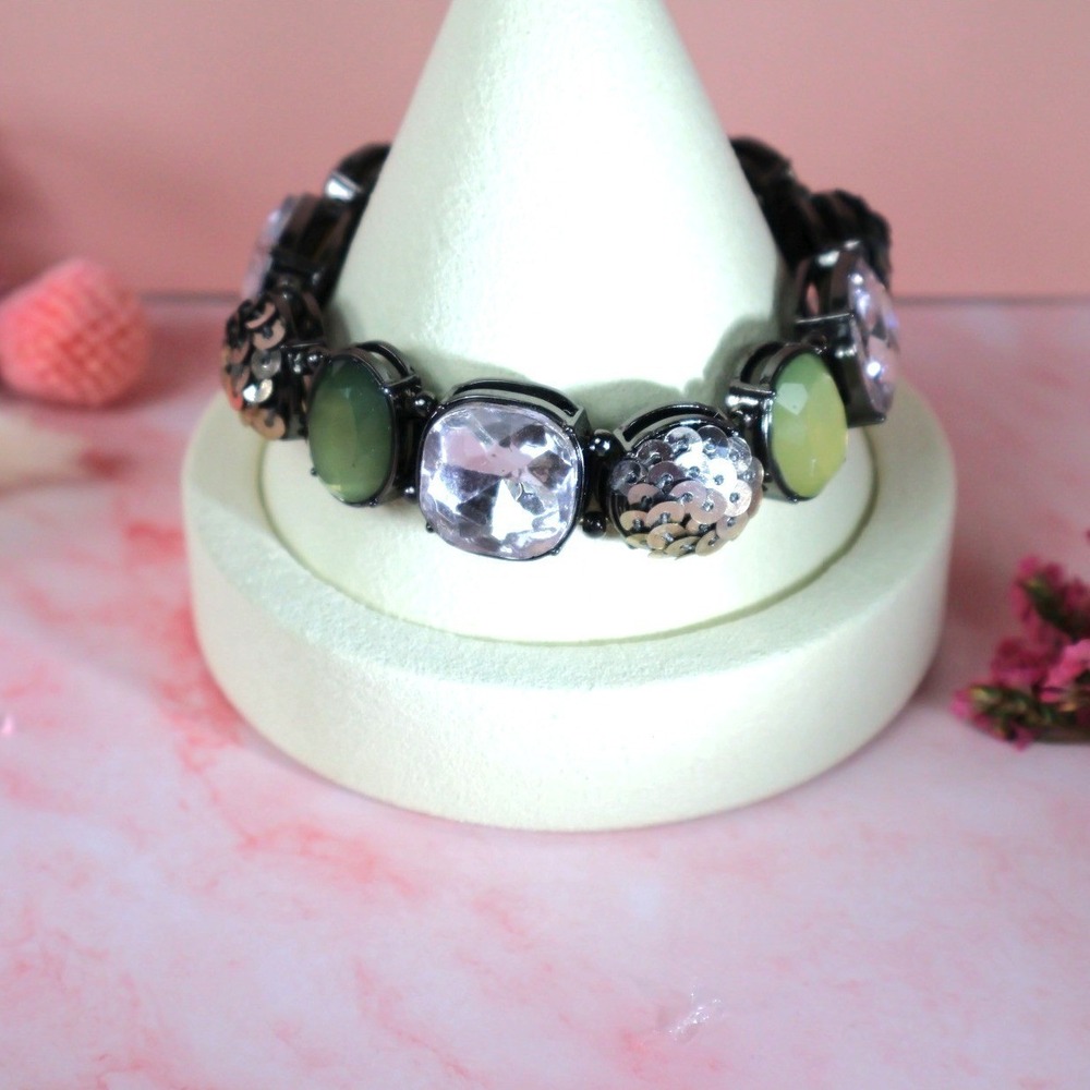 Vintage Gunmetal Disco Crystal Sage Cabochon Sequin Stretch Bracelet NOS